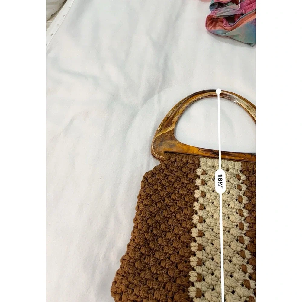 Vtg 70s Macrame Handbag Artisan Lucite Handle Brown Cream Lined Handmade Resort